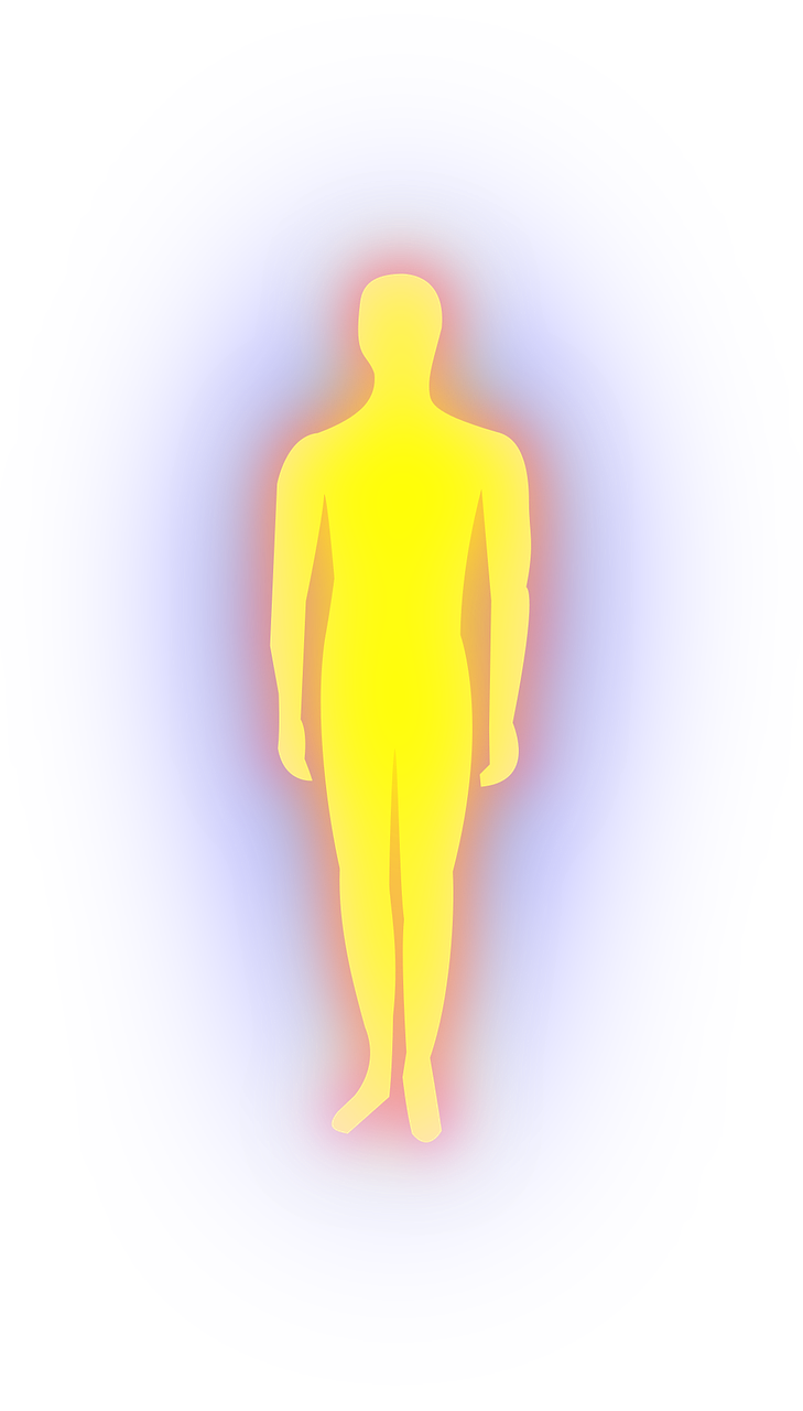 aura-884270_1280_pixabay Eine menschliche Silhouette in gelb, umgeben von einem farbig-nebligen Feld, das die Aura darstellt.